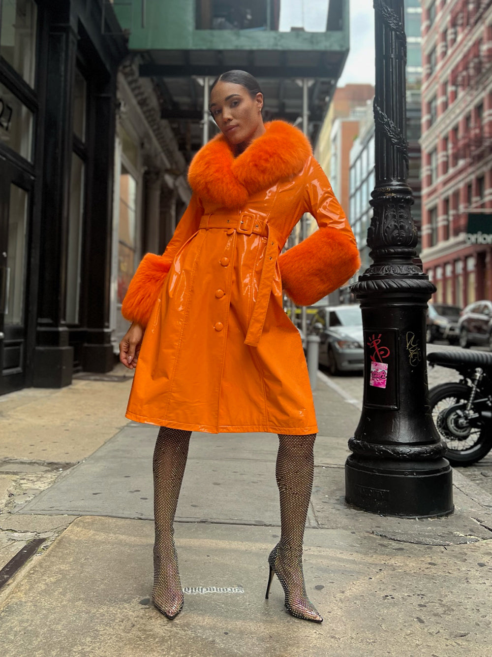 Patent Leather Coat w/ Fox Fur In Orange 27