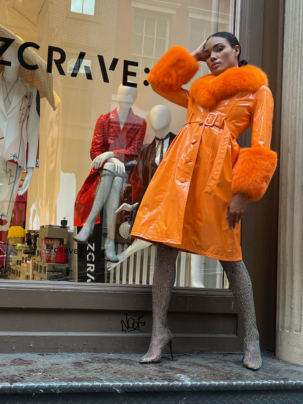 Patent Leather Coat w/ Fox Fur In Orange 31