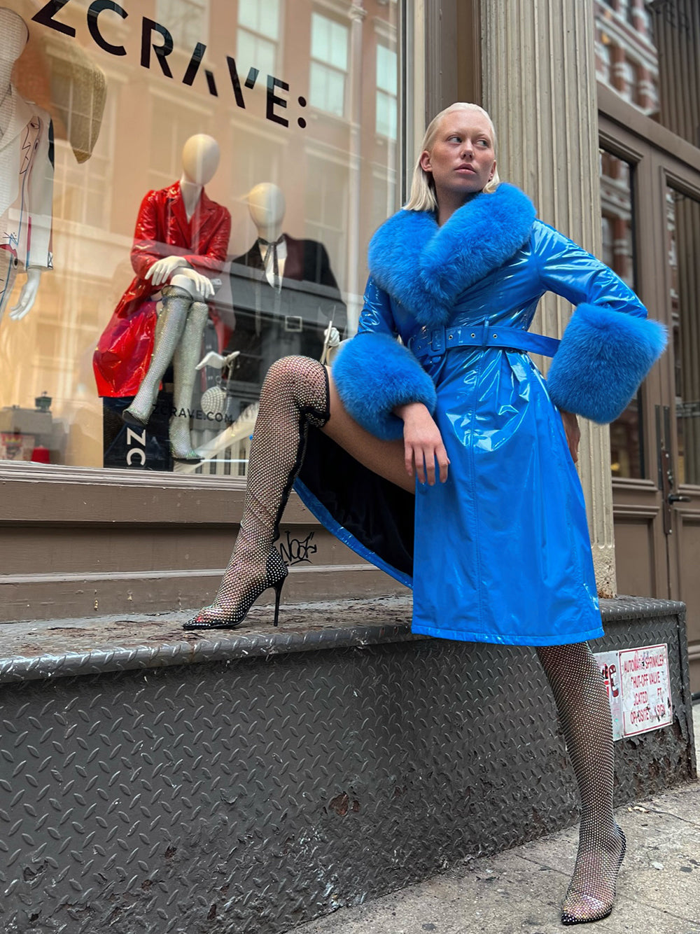 Patent Leather Coat w/ Fox Fur In Blue 18