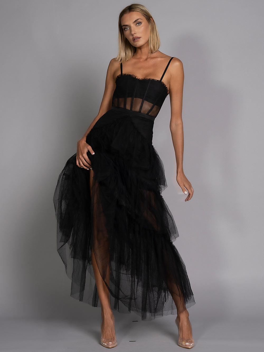 Sheer Tulle Corset Spaghetti Strap Tiered Maxi Dress 3