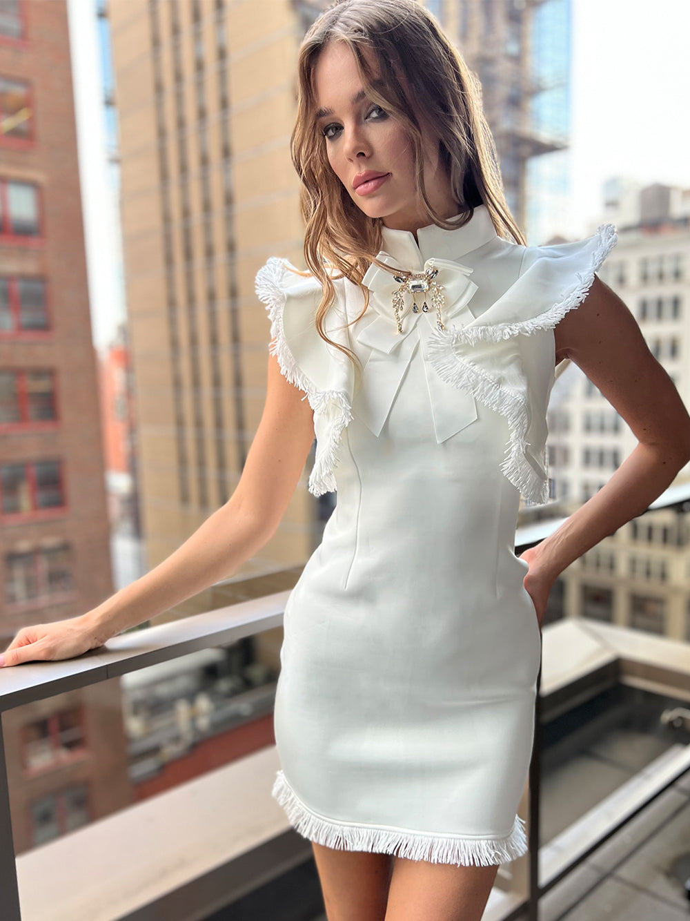 Mock Neck Frayed Ruffle Crystal Trim Bodycon Mini Dress 7