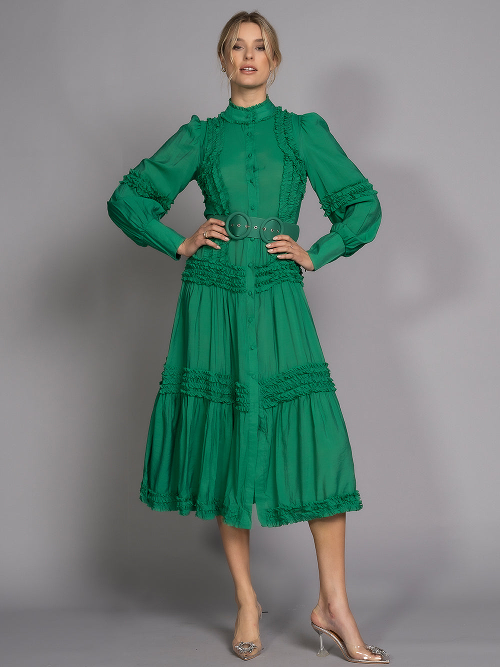 Ruffle Trim High Neck Long Sleeve Belted Tiered Maxi Dress 5