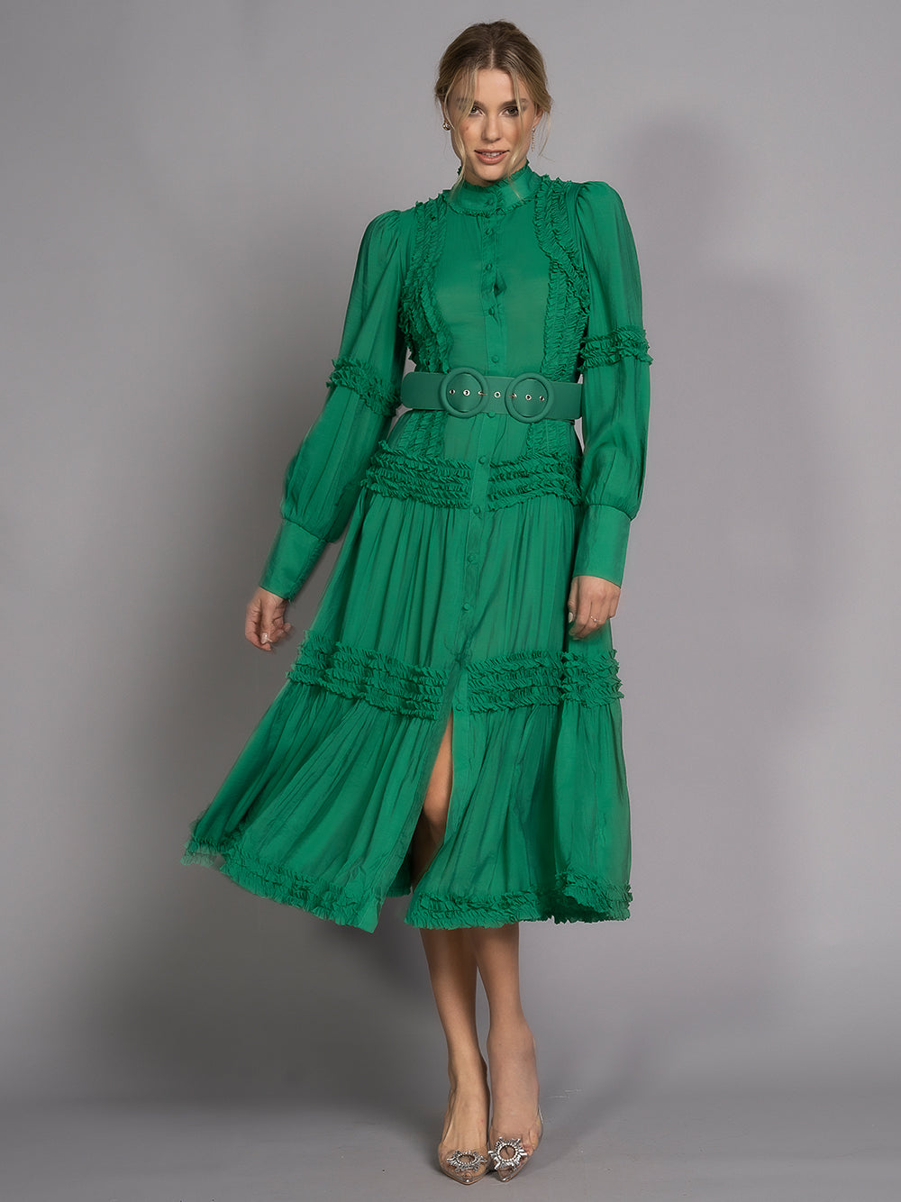 Ruffle Trim High Neck Long Sleeve Belted Tiered Maxi Dress 4
