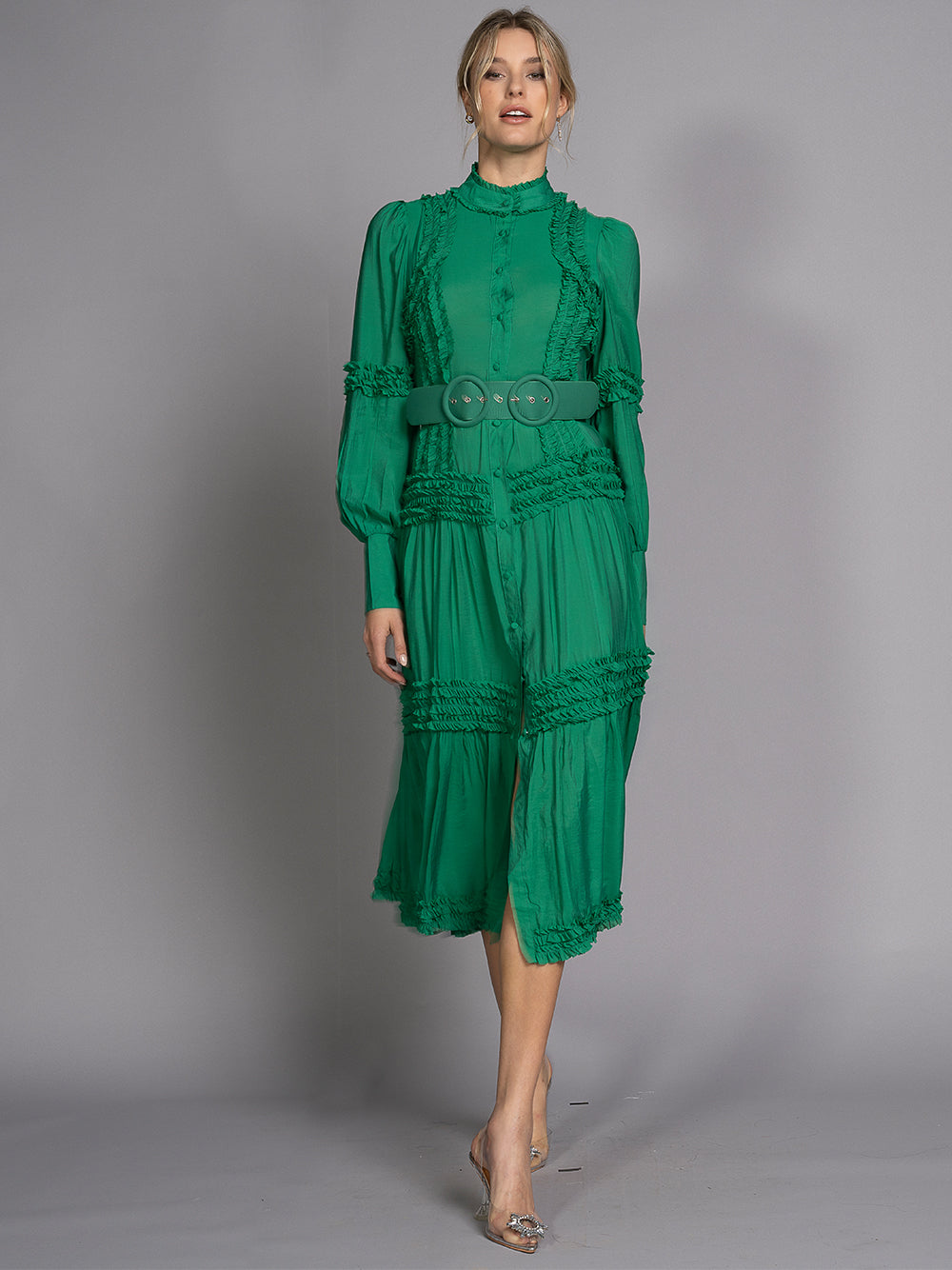 Ruffle Trim High Neck Long Sleeve Belted Tiered Maxi Dress 6