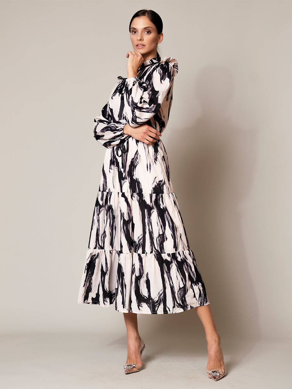 Printed Ruffle Neck Long-Sleeve Tiered Midi Dress