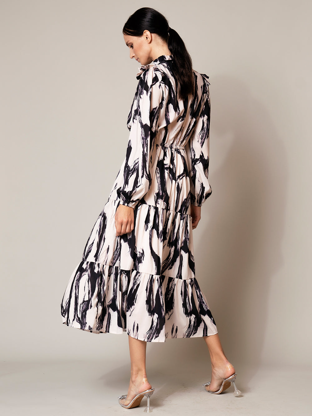 Printed Ruffle Neck Long-Sleeve Tiered Midi Dress 2