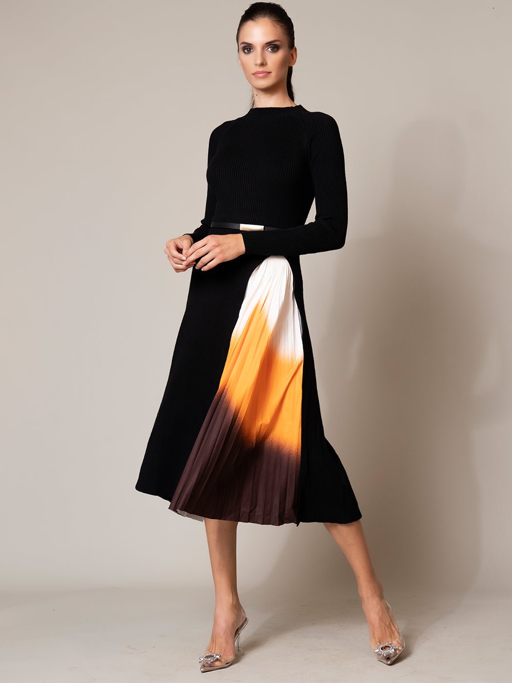 Ribbed Knit Mock Neck Long-Sleeve Pleated Midi Dress 2