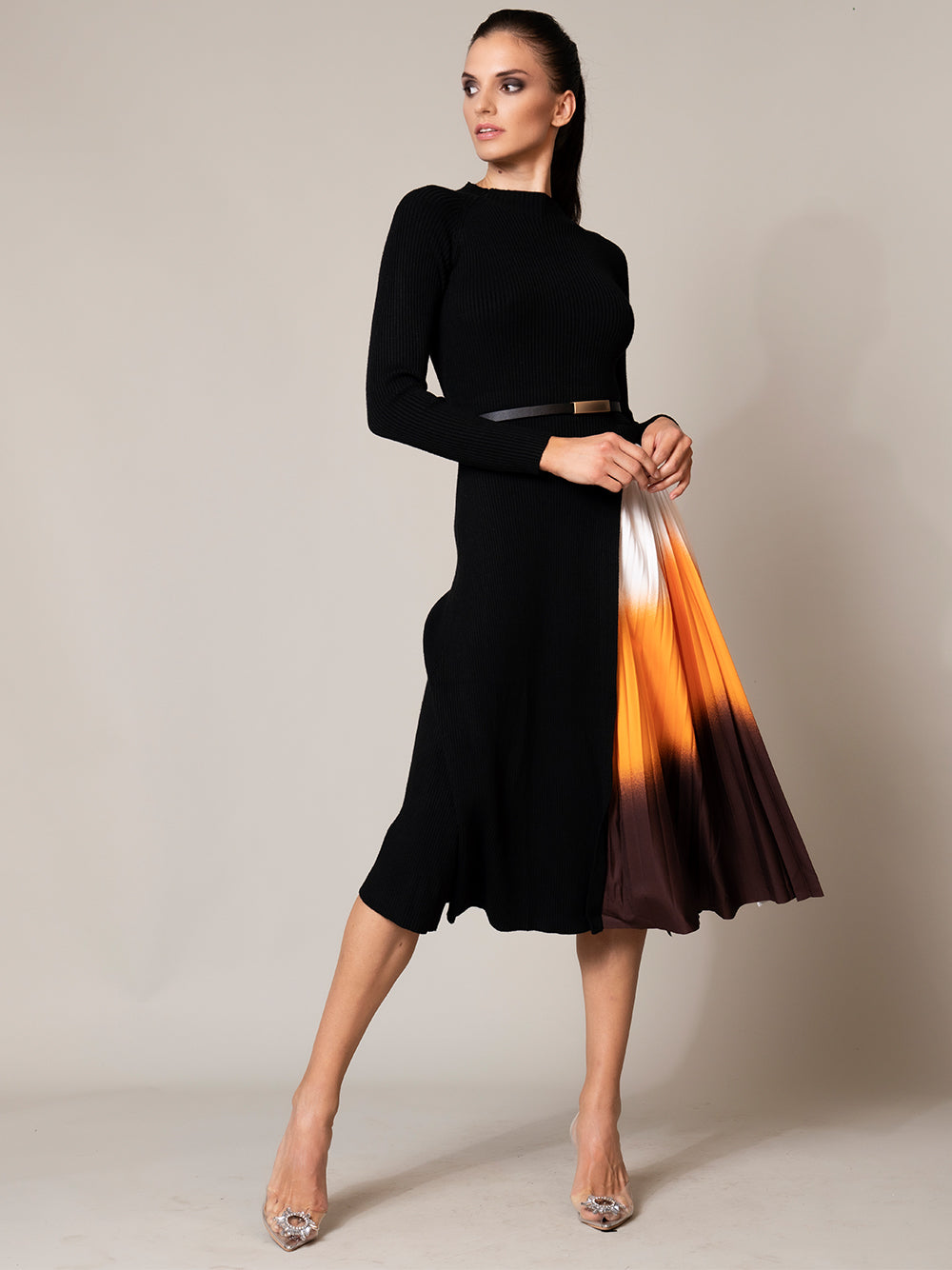 Ribbed Knit Mock Neck Long-Sleeve Pleated Midi Dress