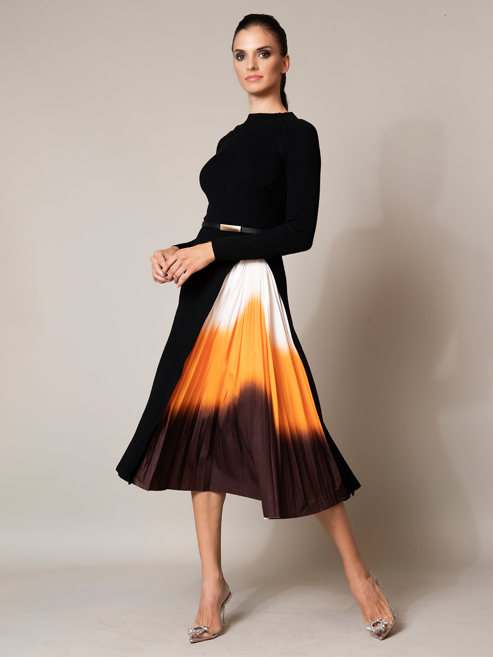 Ribbed Knit Mock Neck Long-Sleeve Pleated Midi Dress 3