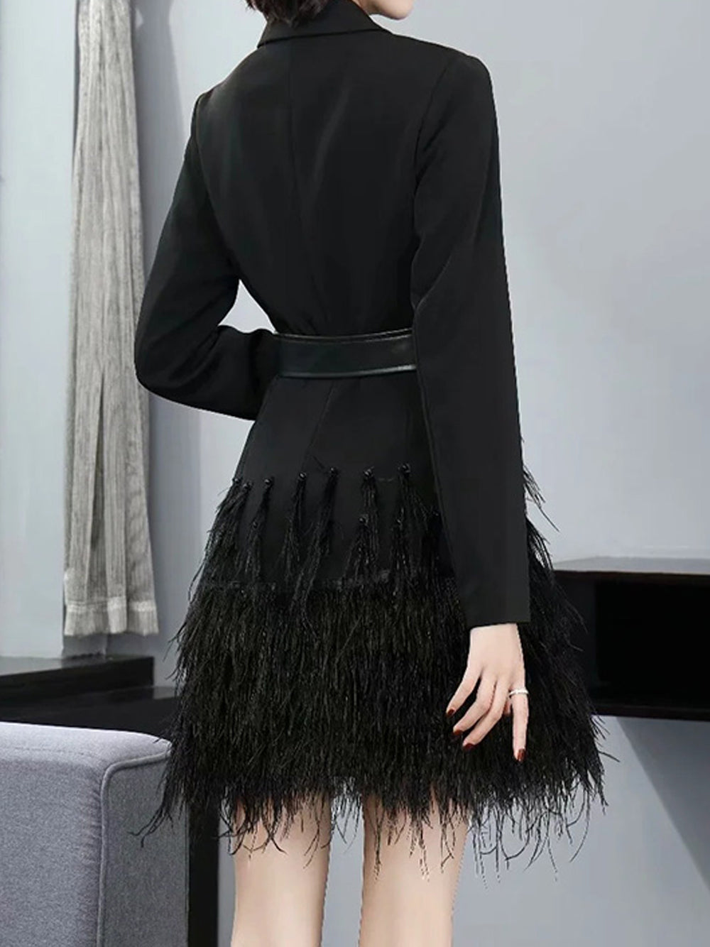 Tuxedo Lapel Long Sleeve Belted Feather-Skirt Blazer Dress 11