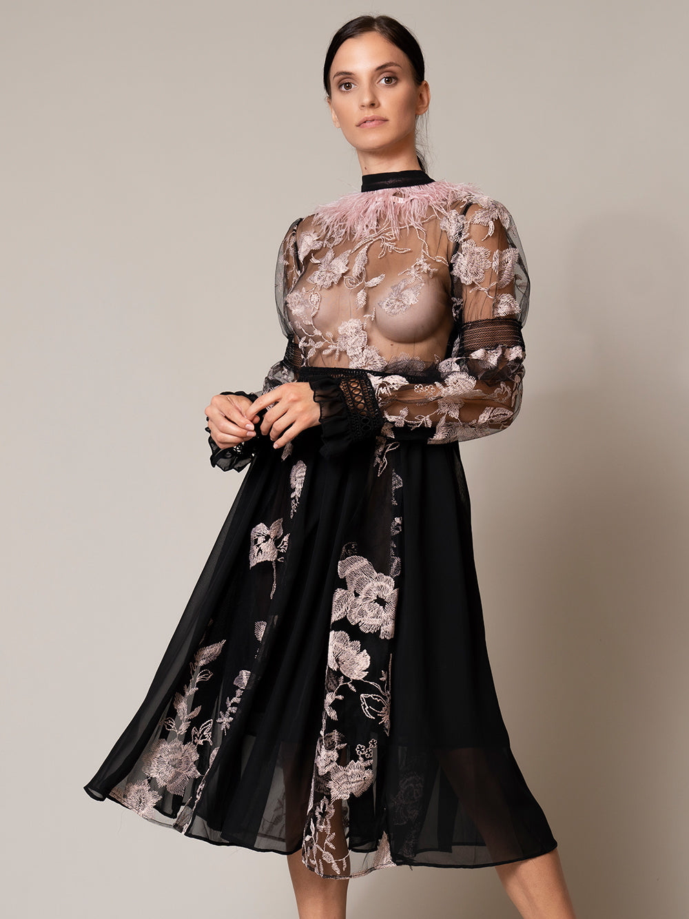 Embroidered Mesh High Neck Long-Sleeve Feather Trim Midi Dress 2