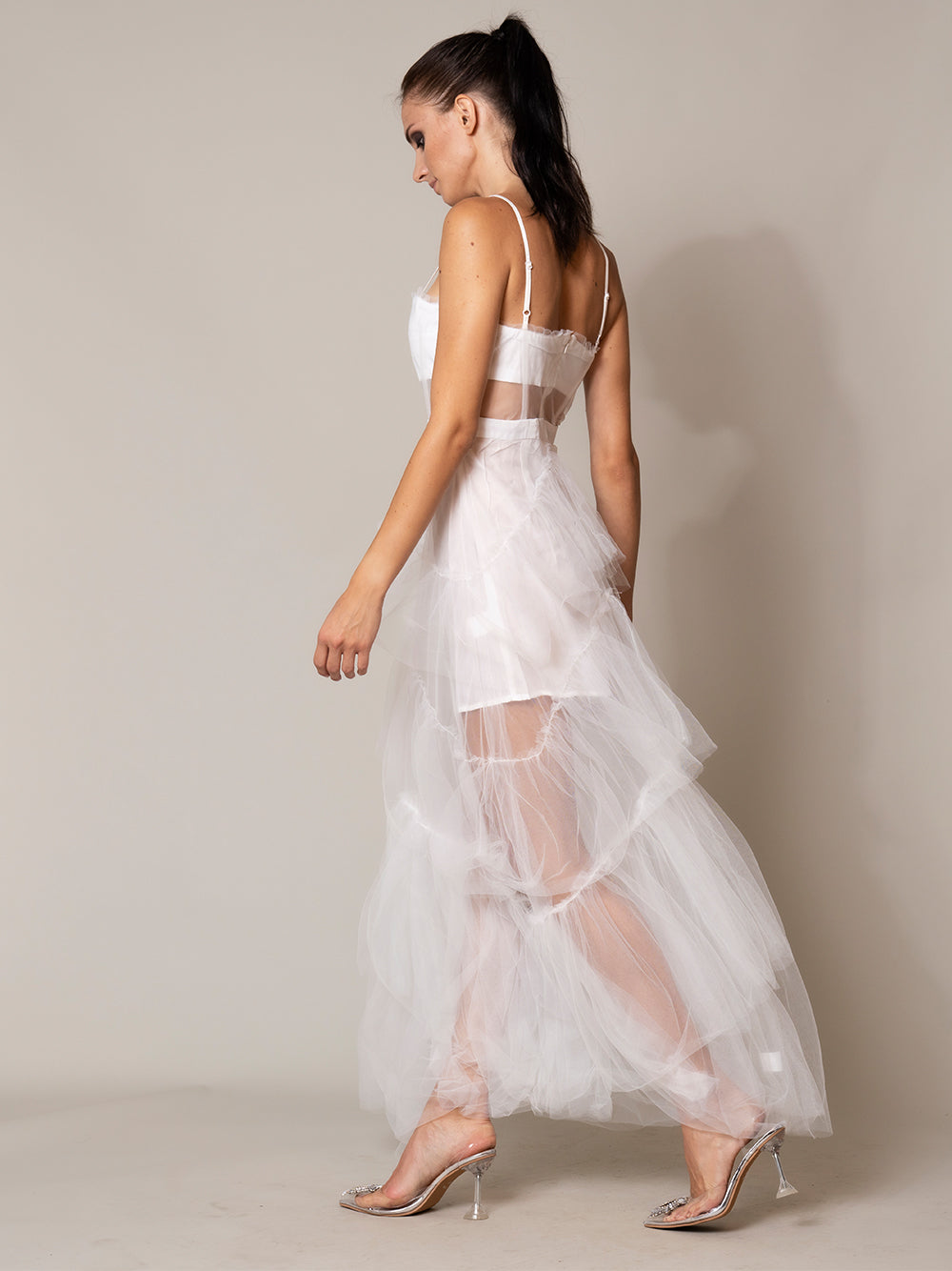 Sheer Tulle Corset Spaghetti Strap Tiered Maxi Dress 3