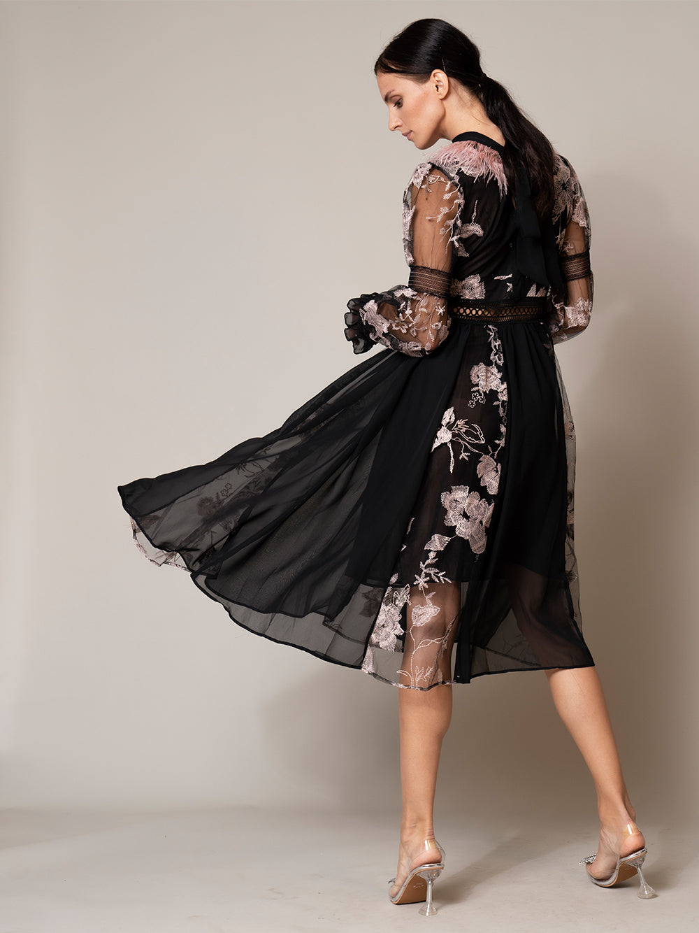 Embroidered Mesh High Neck Long-Sleeve Feather Trim Midi Dress 4