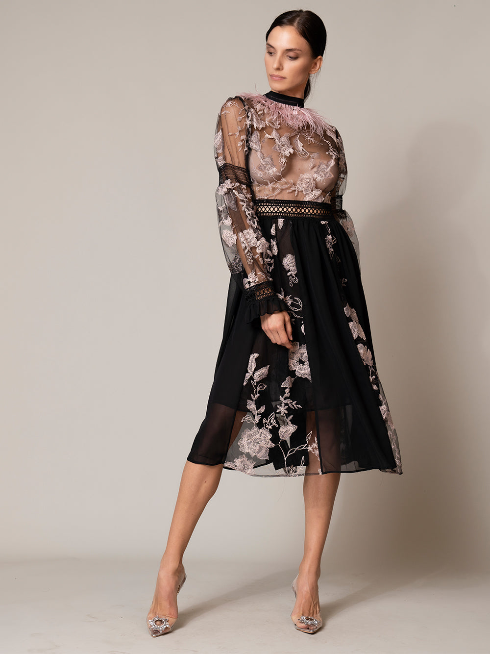Embroidered Mesh High Neck Long-Sleeve Feather Trim Midi Dress