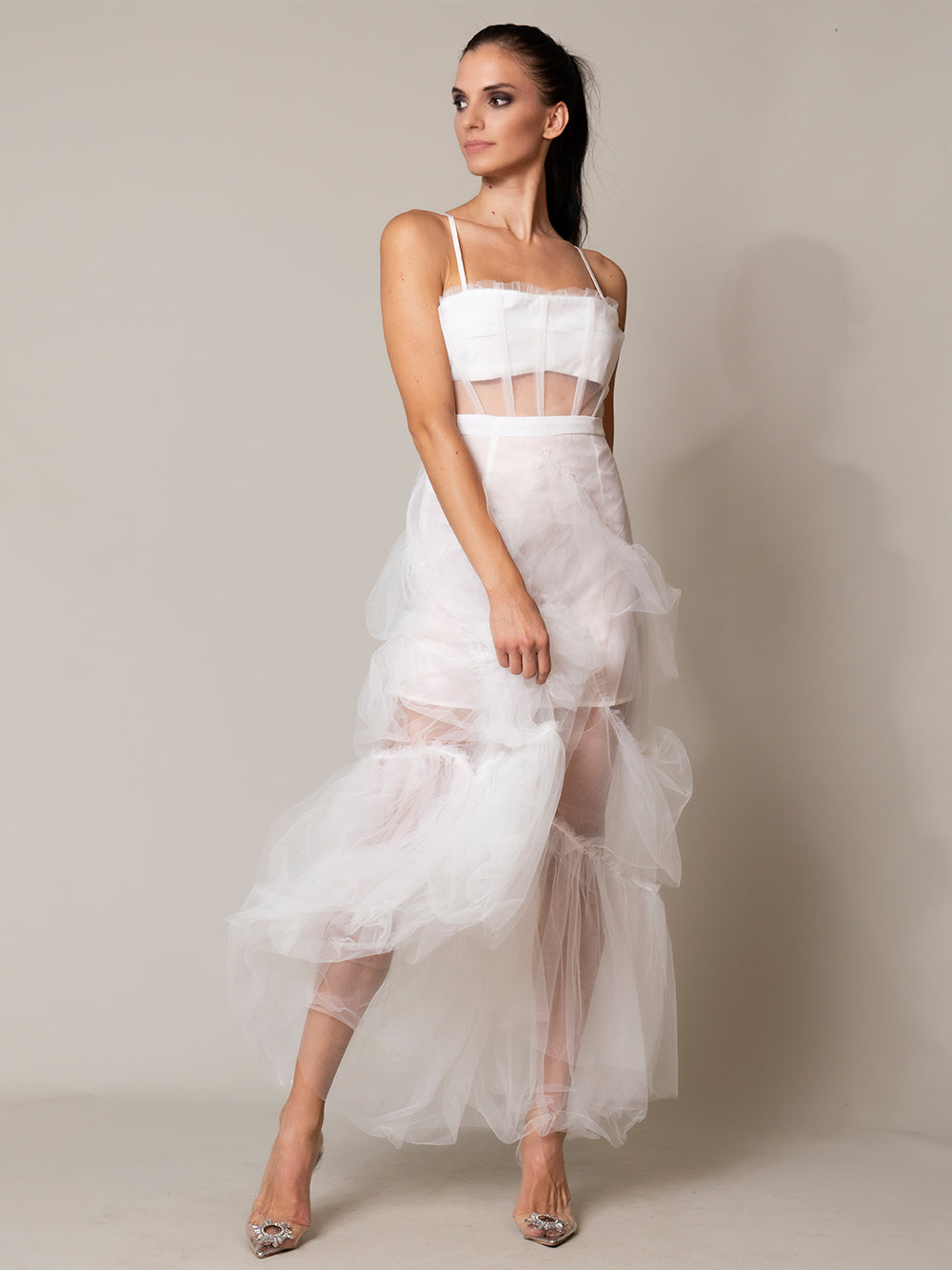 Sheer Tulle Corset Spaghetti Strap Tiered Maxi Dress 2