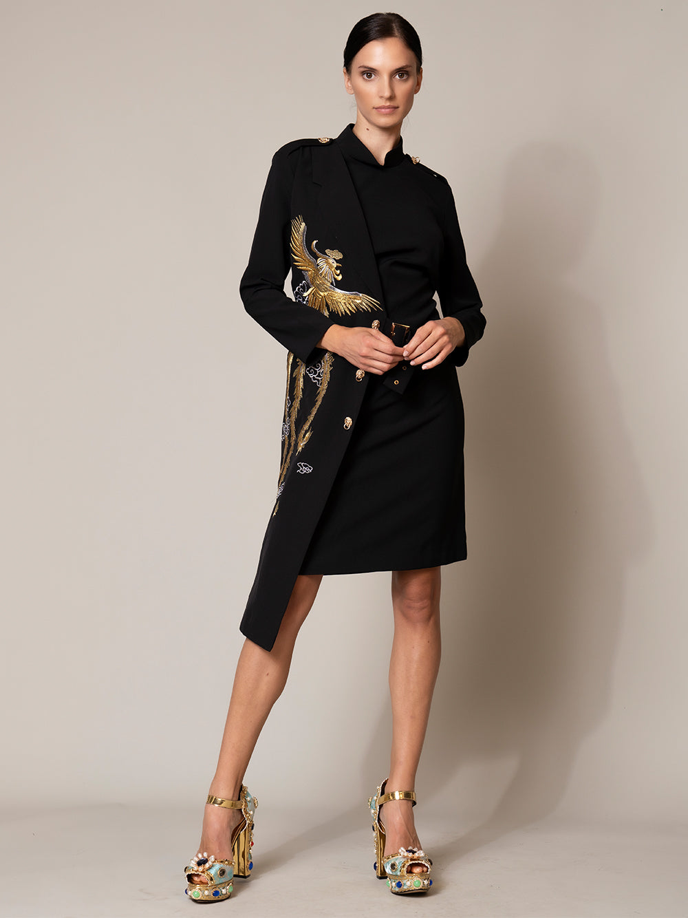 Embroidered Lapel Long Sleeve Asymmetric Blazer Midi Dress 3