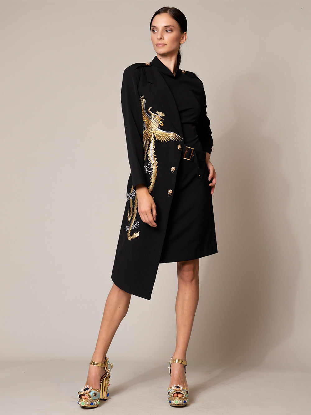 Embroidered Lapel Long Sleeve Asymmetric Blazer Midi Dress