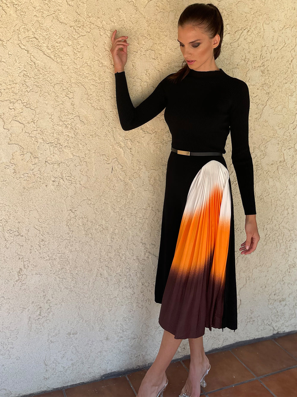 Ribbed Knit Mock Neck Long-Sleeve Pleated Midi Dress 10