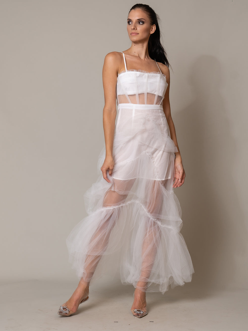 Sheer Tulle Corset Spaghetti Strap Tiered Maxi Dress 4