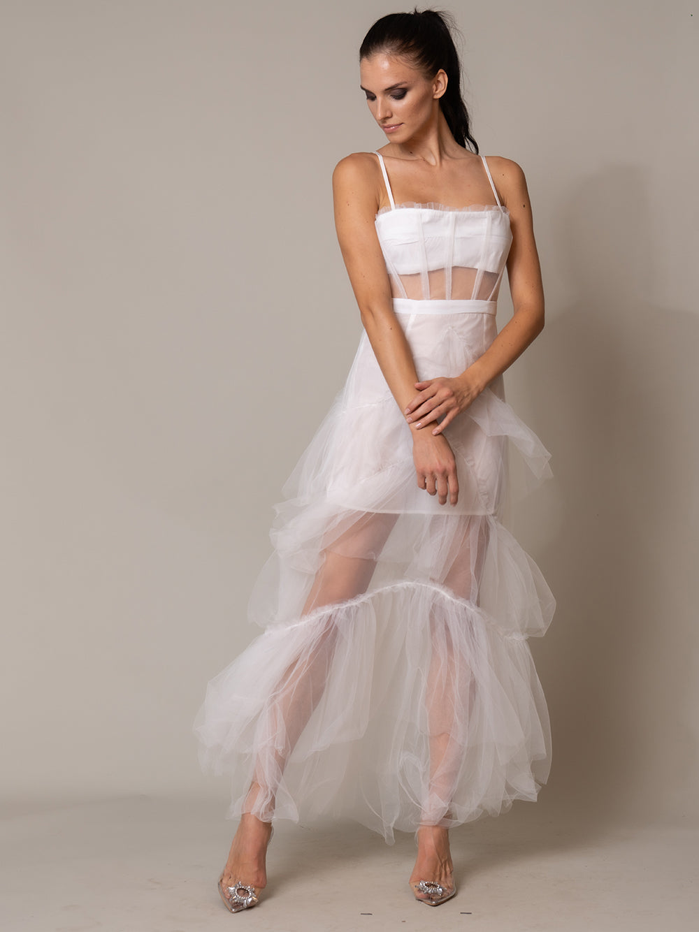 Sheer Tulle Corset Spaghetti Strap Tiered Maxi Dress