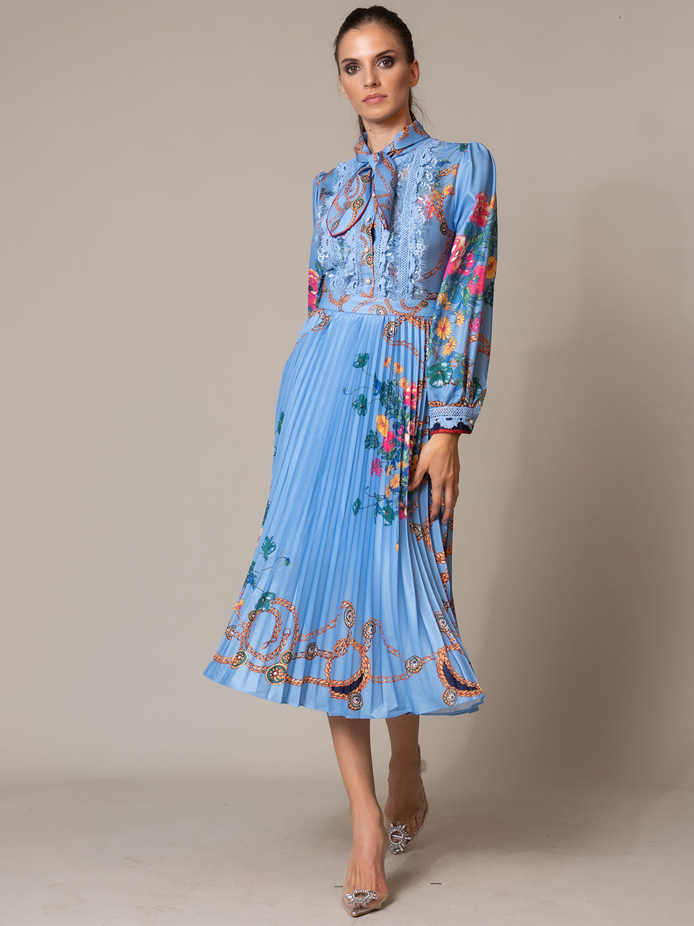 Floral Chain Print Pussy-Bow Collar Long Sleeve Pleated Midi Dress 4