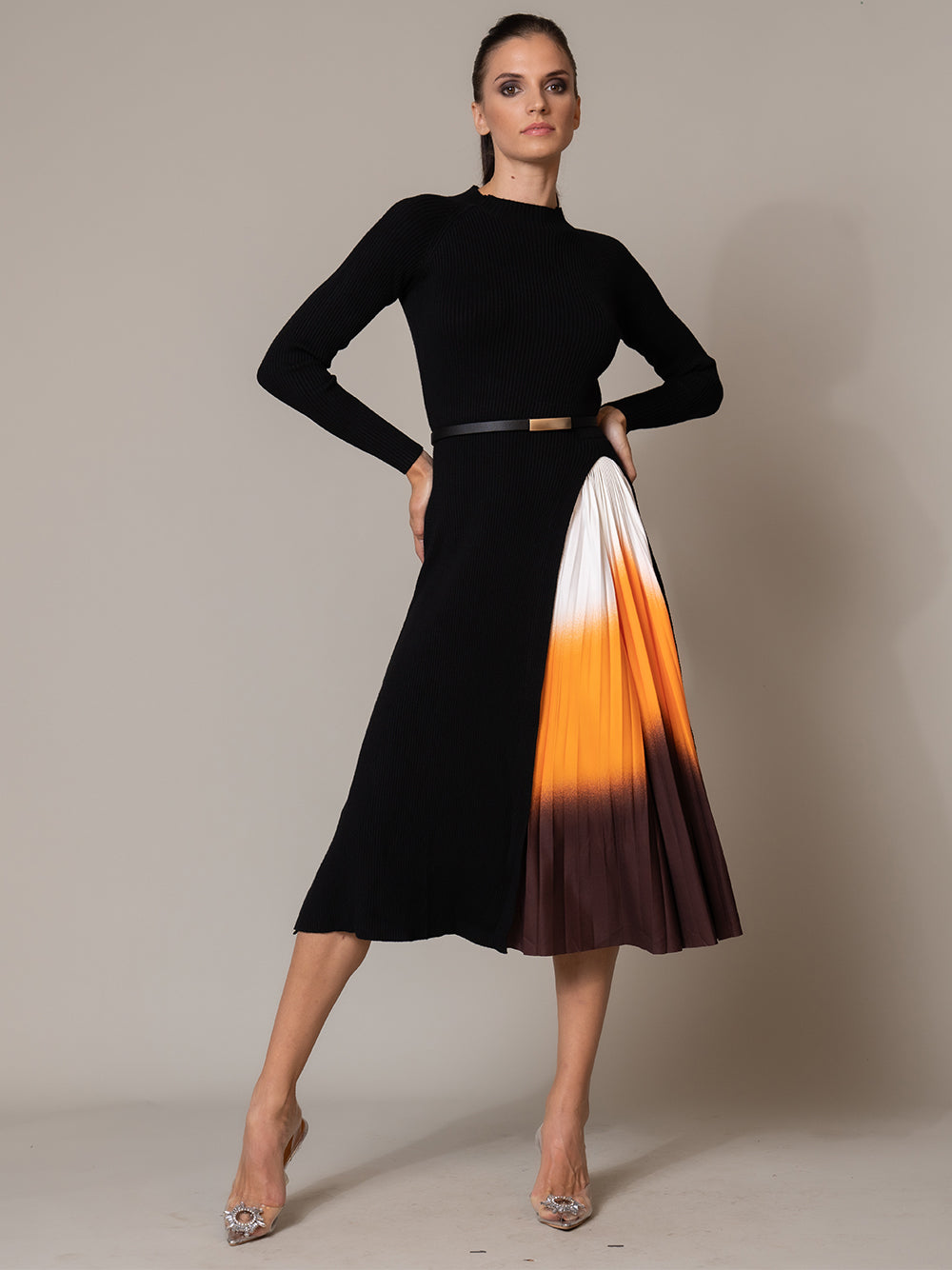 Ribbed Knit Mock Neck Long-Sleeve Pleated Midi Dress 7