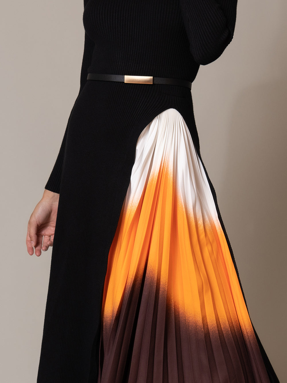 Ribbed Knit Mock Neck Long-Sleeve Pleated Midi Dress 11