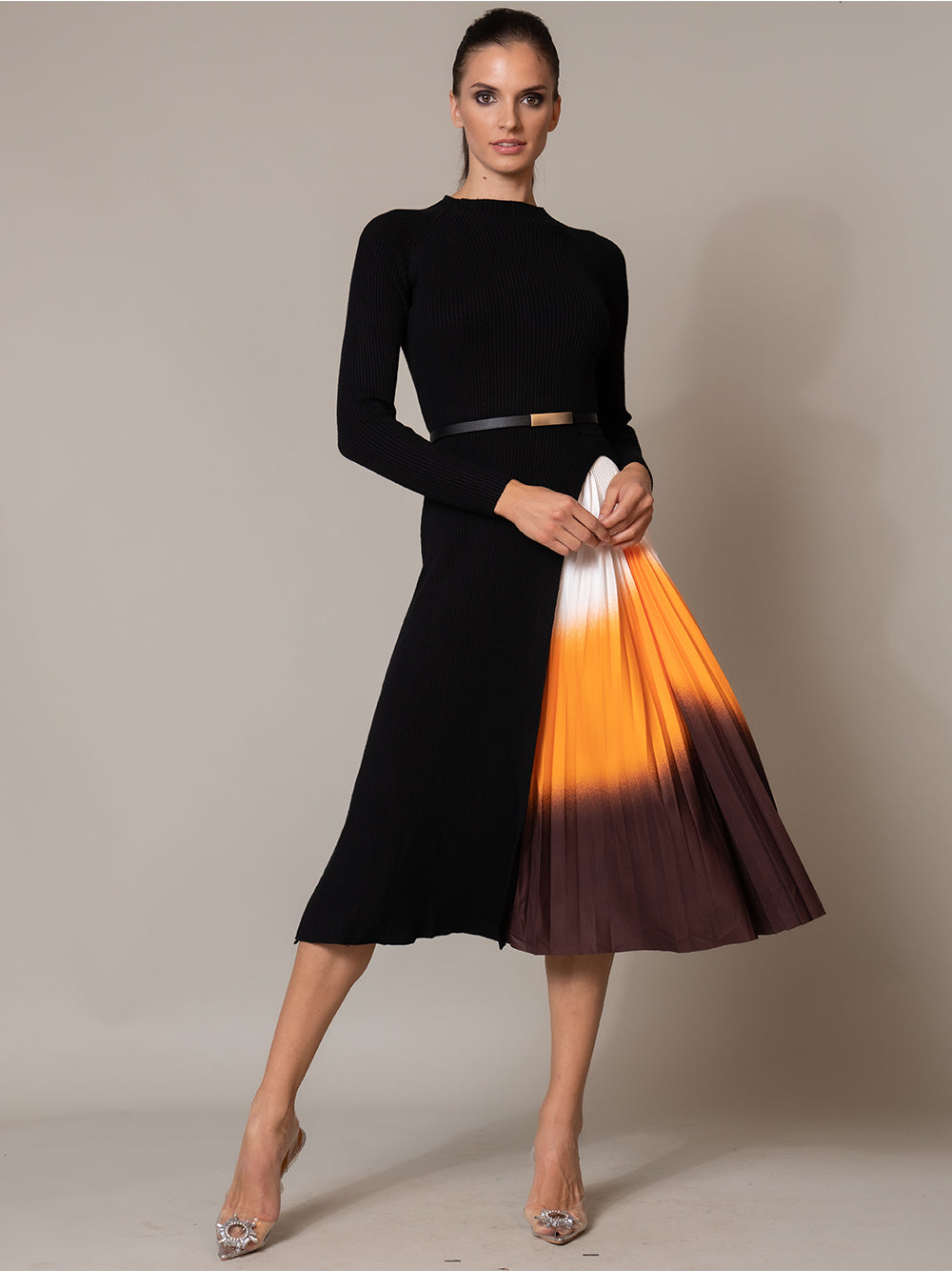 Ribbed Knit Mock Neck Long-Sleeve Pleated Midi Dress 6