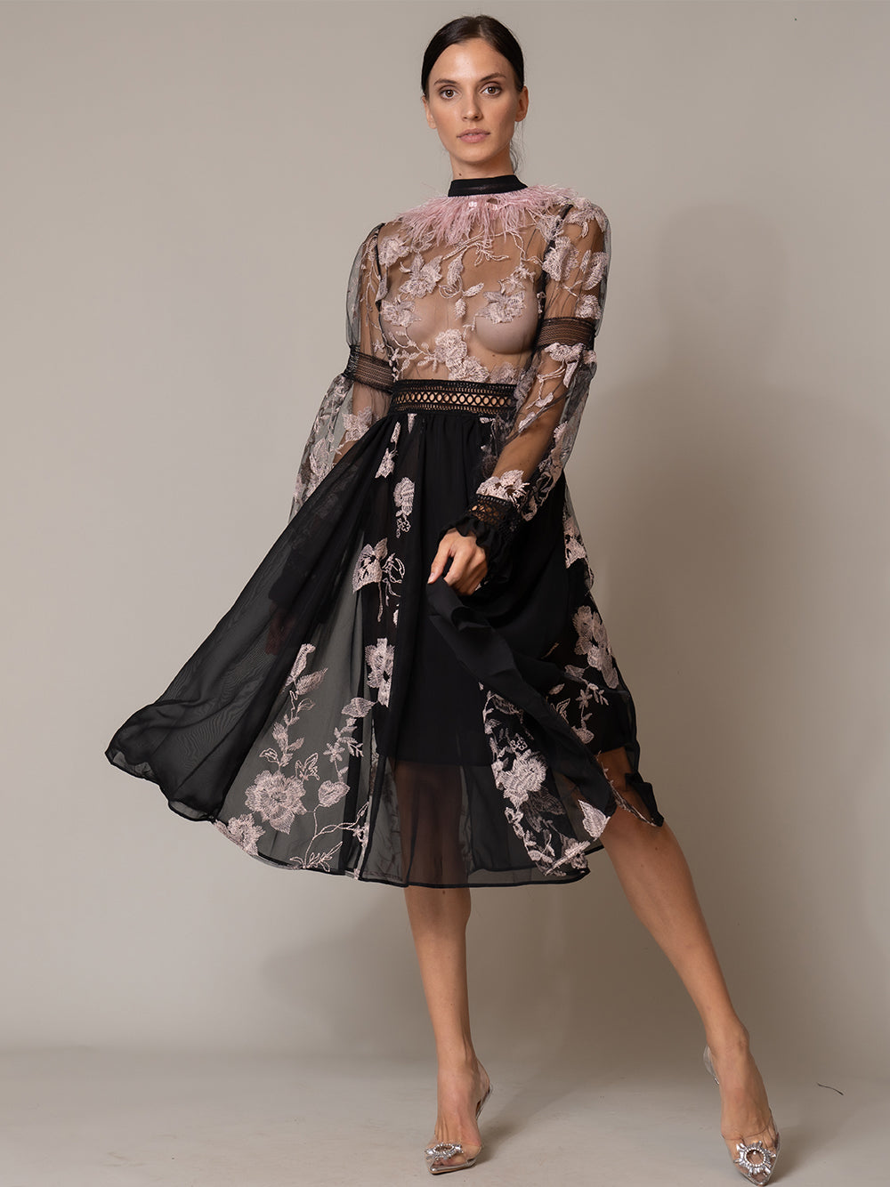 Embroidered Mesh High Neck Long-Sleeve Feather Trim Midi Dress 3