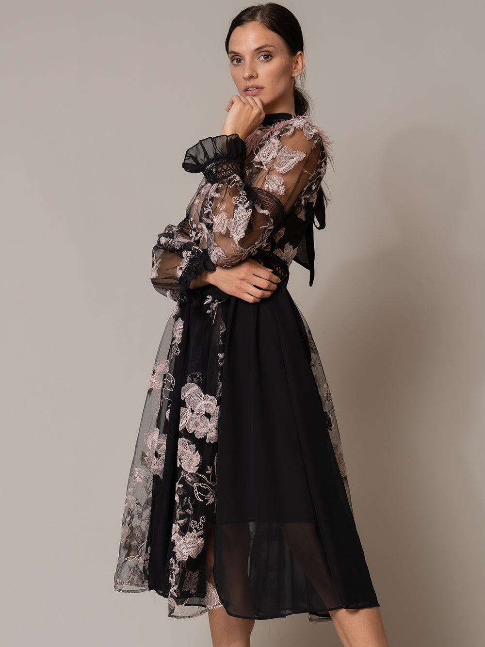 Embroidered Mesh High Neck Long-Sleeve Feather Trim Midi Dress 5