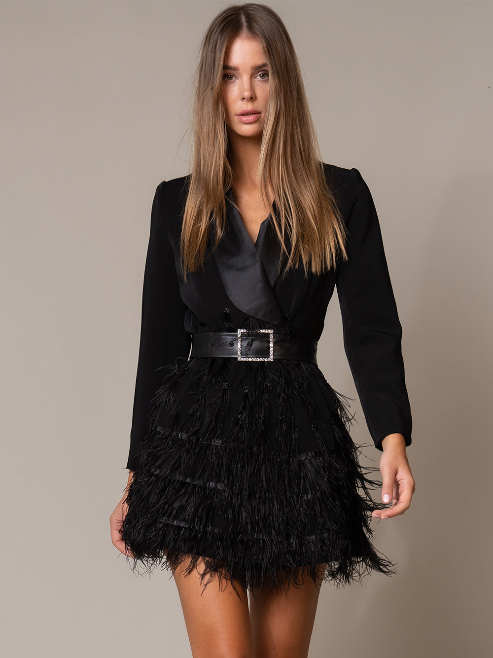 Tuxedo Lapel Long Sleeve Belted Feather-Skirt Blazer Dress 2