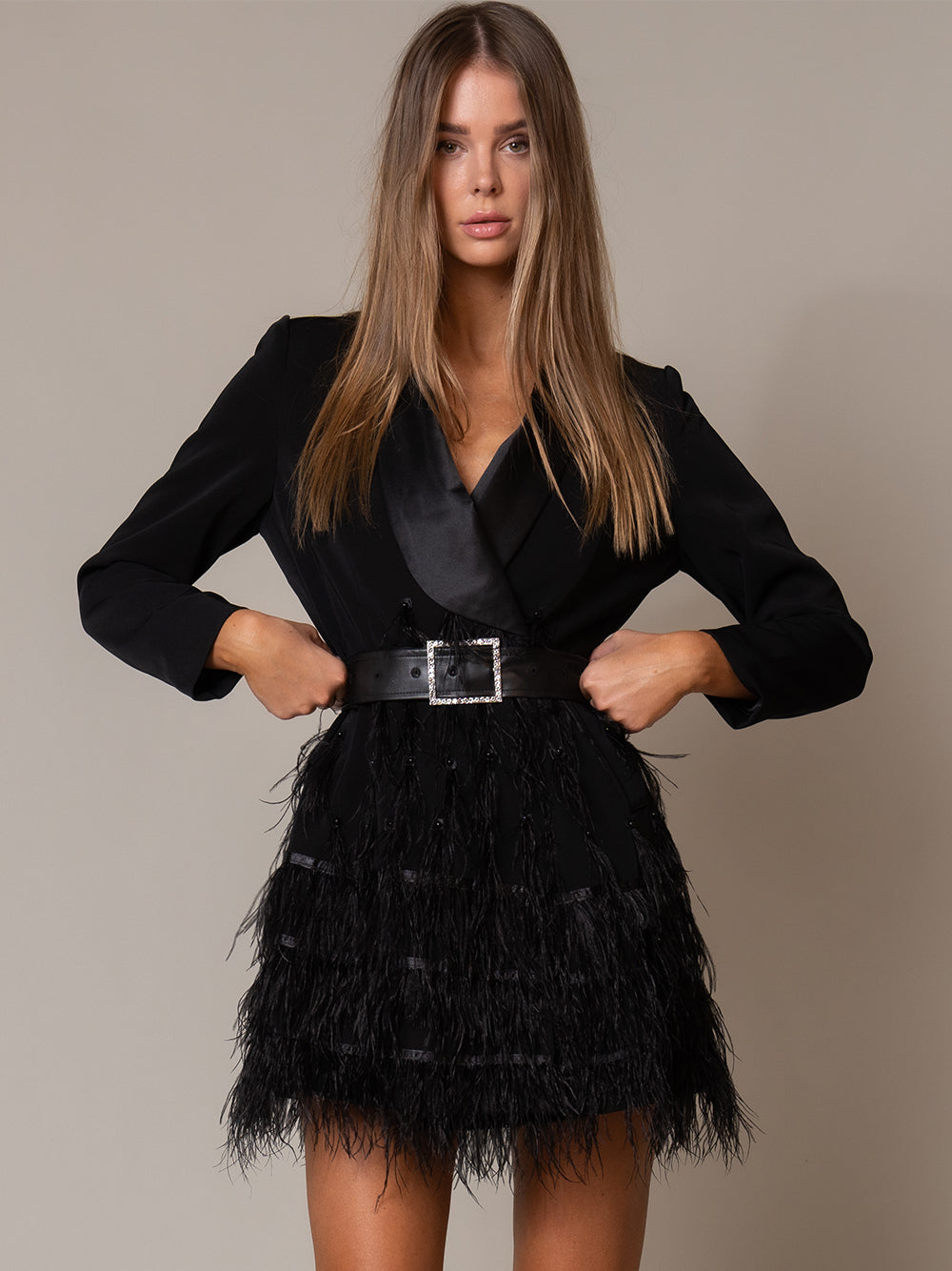 Tuxedo Lapel Long Sleeve Belted Feather-Skirt Blazer Dress 3