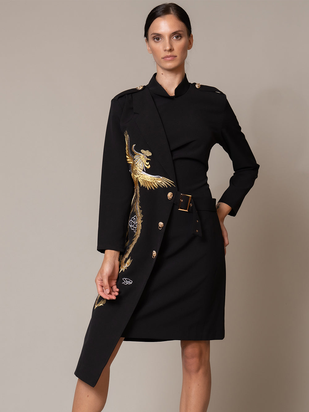Embroidered Lapel Long Sleeve Asymmetric Blazer Midi Dress 4