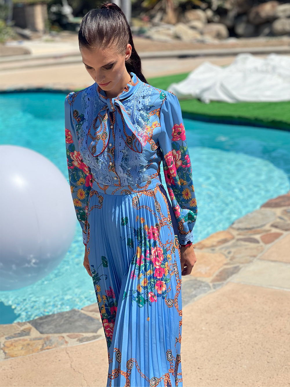 Floral Chain Print Pussy-Bow Collar Long Sleeve Pleated Midi Dress 8