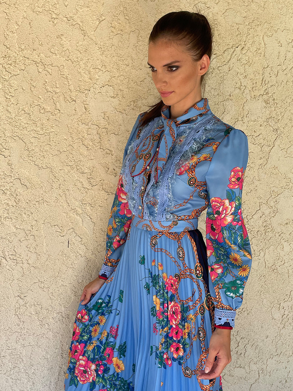 Floral Chain Print Pussy-Bow Collar Long Sleeve Pleated Midi Dress 16