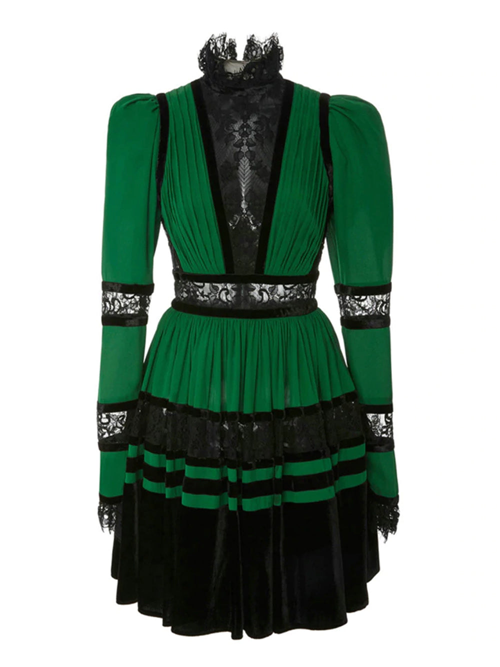Lace Velvet High Neck Long Sleeve Pleated Mini Dress