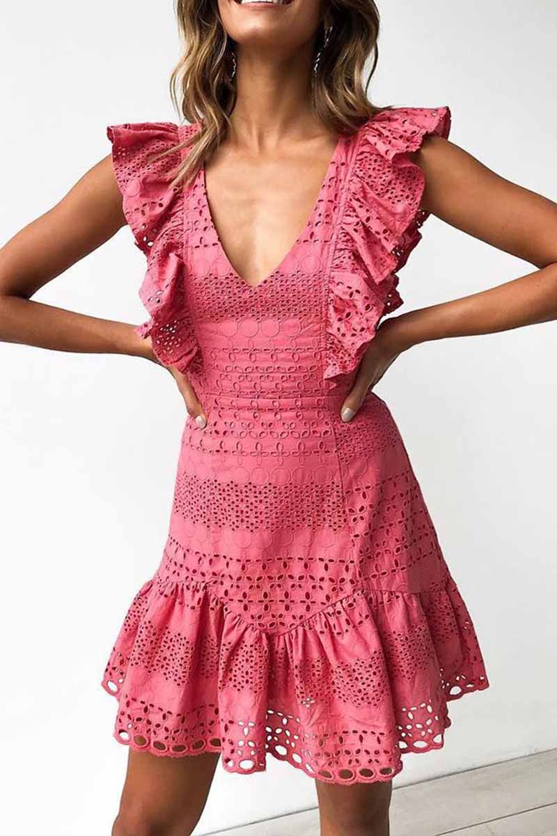 Florcoo Hollow Out Lace Ruffles Solid Mini Dress