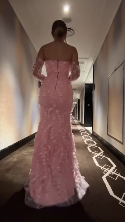 Elegant Pink Strapless Tulle Appliques Beaded Slit Mermaid Evening Dress Long Party Dress D1356