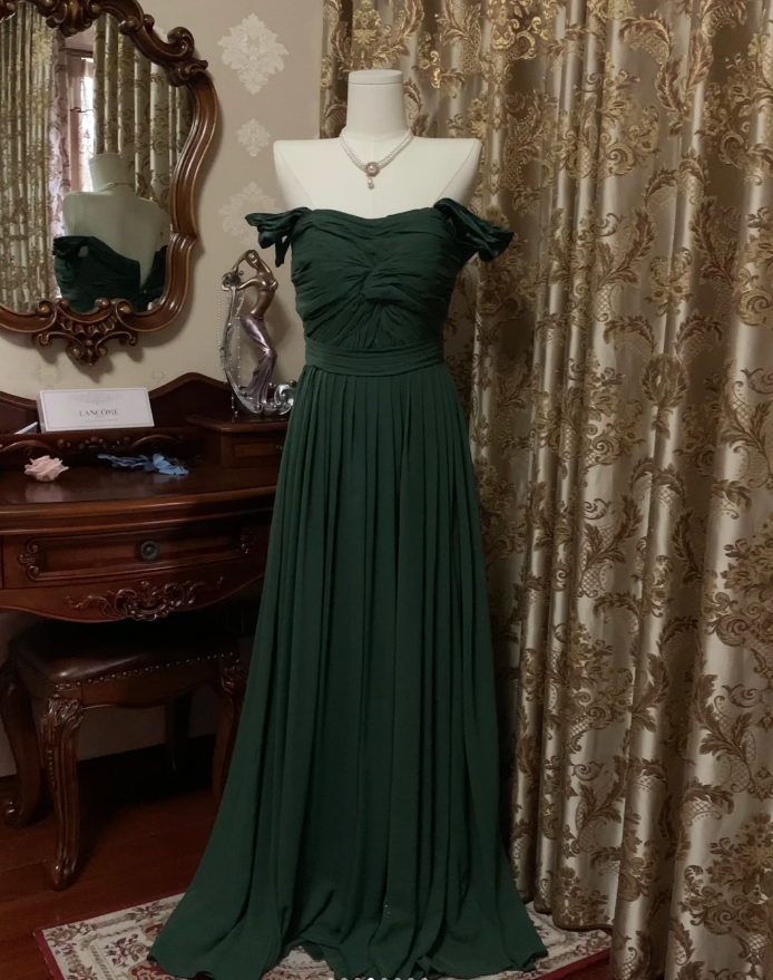 Vintage Green Off The Shoulder Satin Pleated Long Wedding Guest Dress Party Dress Prom Gown D1778