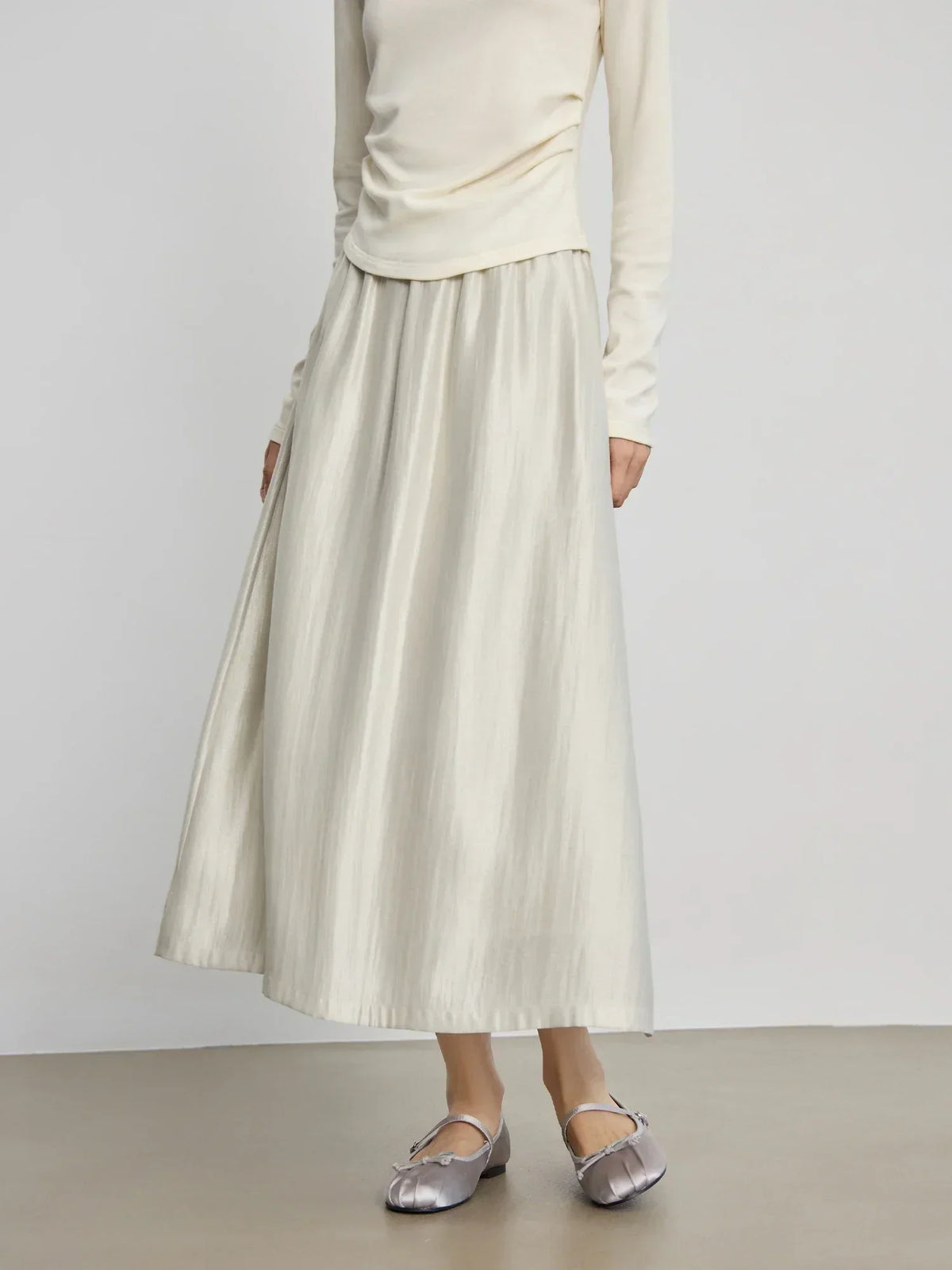 Solid Long High Waist Elastic Silver Grey Draped A-Line