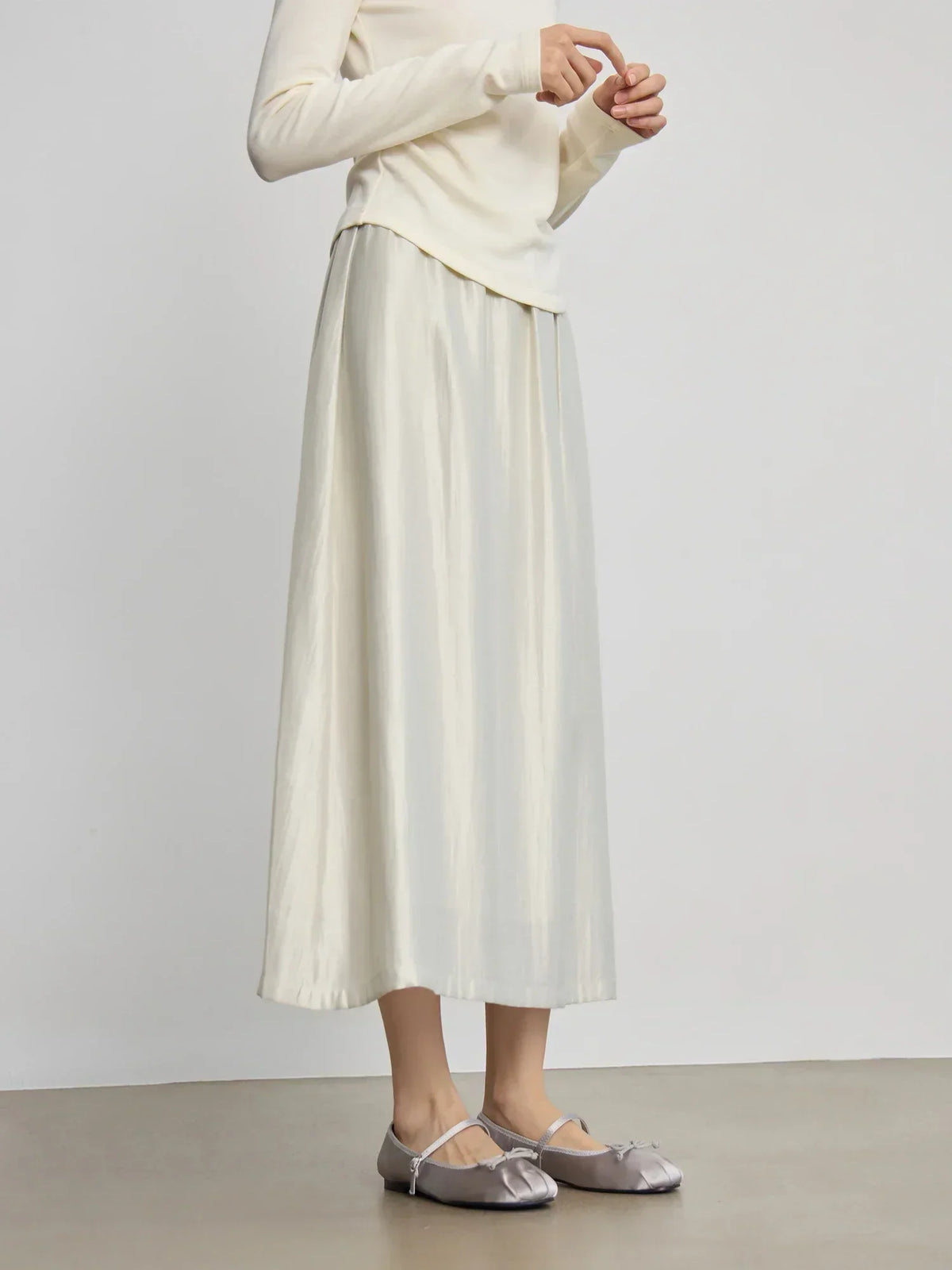 Solid Long High Waist Elastic Silver Grey Draped A-Line