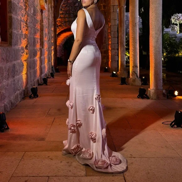 Pretty Pink Satin 3D Rose Flowers Mermaid Party Dress Long Evening Gown D1360