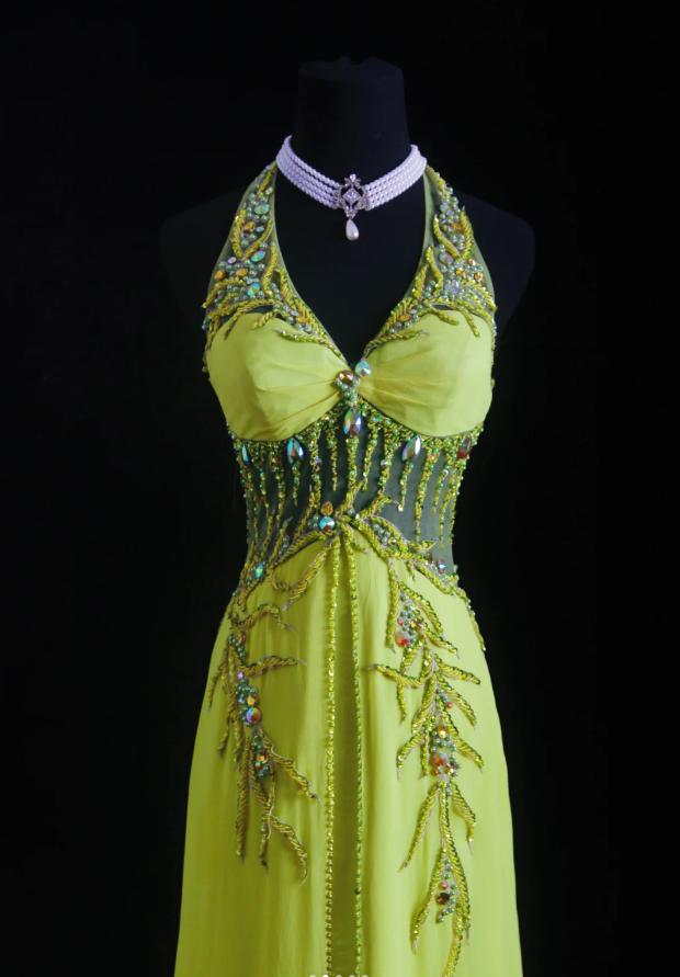 Chic Green Halter V Neck Satin Chiffon Beaded Mermaid Long Party Dress Evening Gown D1661