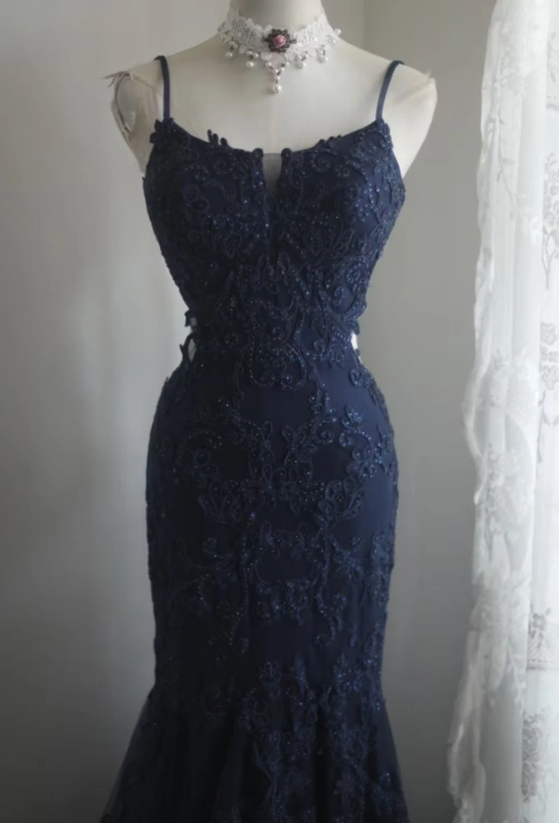 Elegant Spaghetti Straps Navy Blue Tulle Lace Appliques Mermaid Evening Dress Birthday Outfits D1268