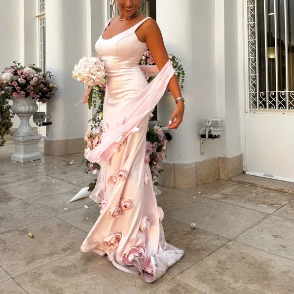 Pretty Pink Satin 3D Rose Flowers Mermaid Party Dress Long Evening Gown D1360