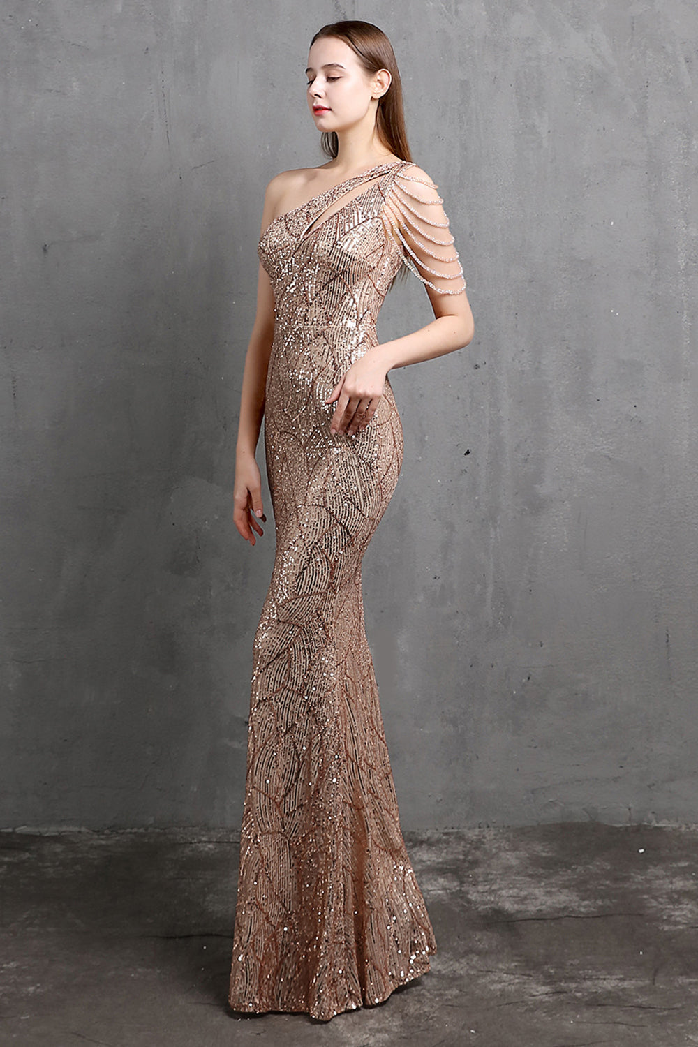Gold Mermaid One Shoulder Sequin Prom Dresses - Fashionpara
