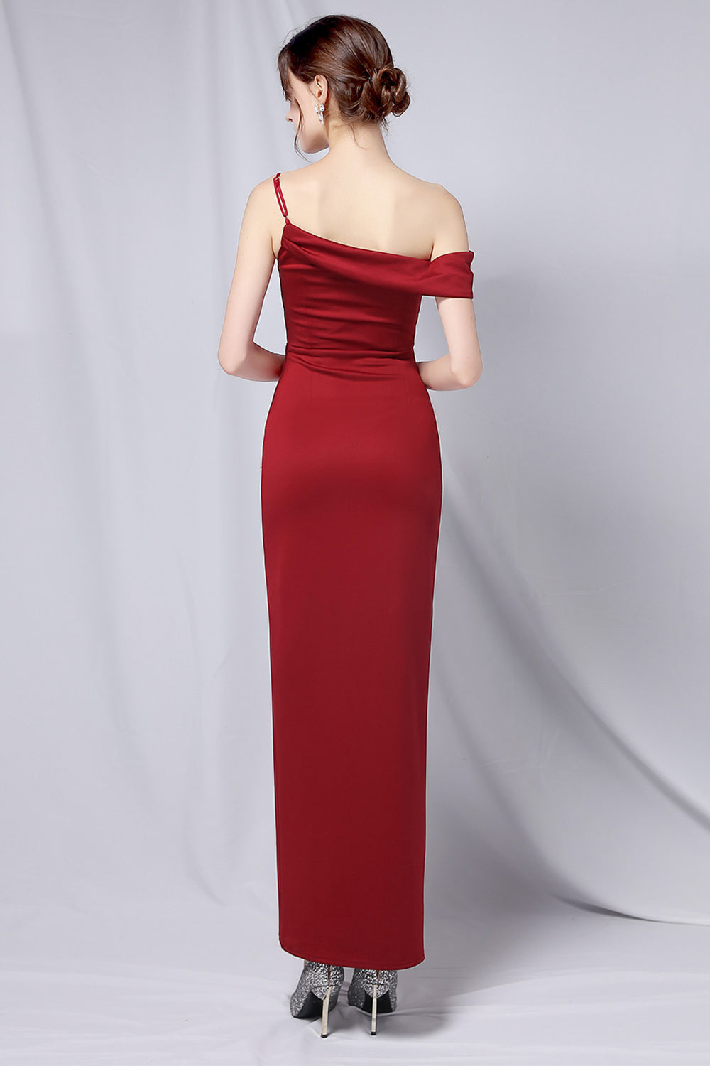 Burgundy One Shoulder Prom Dress with Slit - Fashionpara