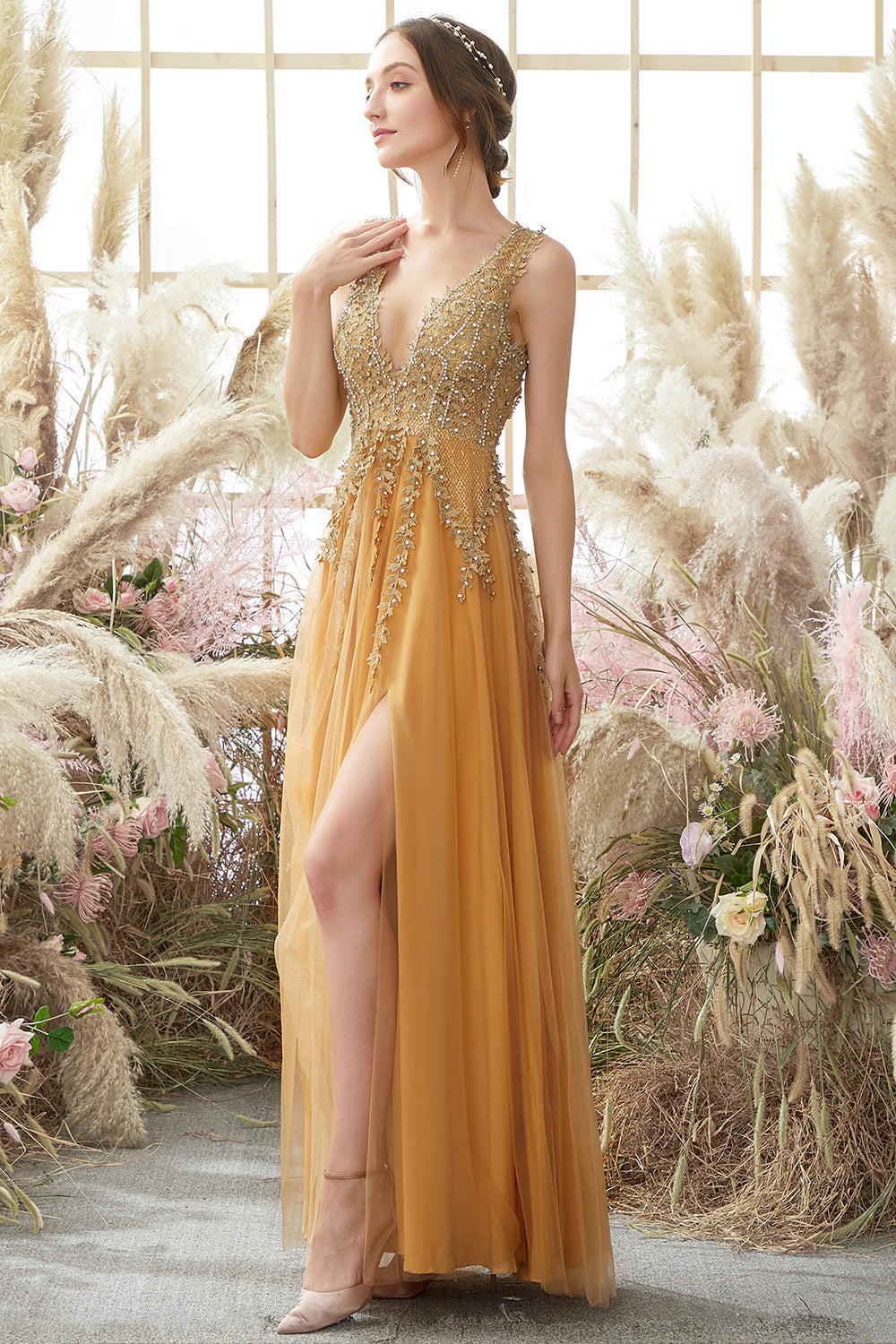 Deep V-neck Long Prom Dress with Appliques - Fashionpara