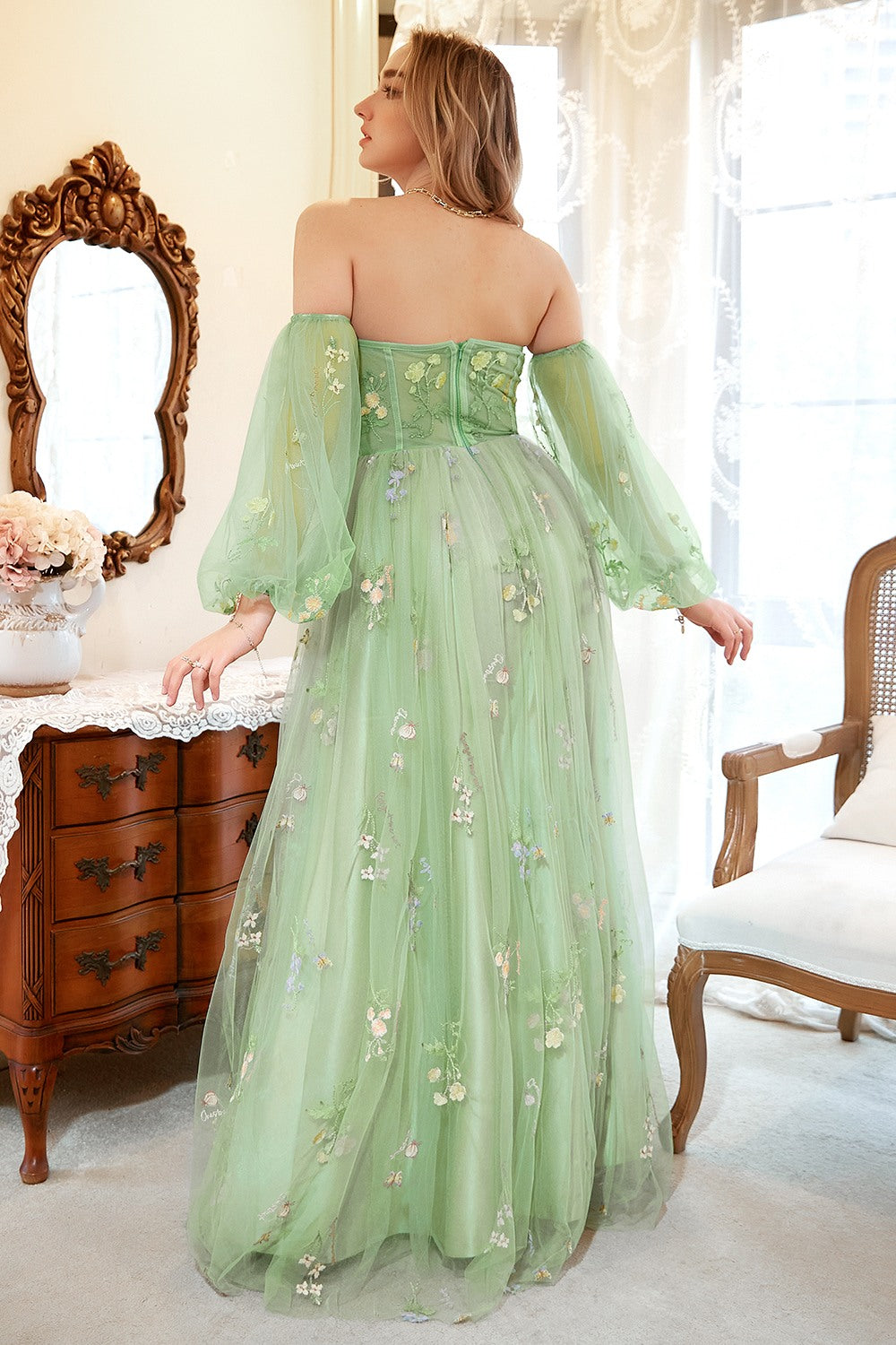 A Line Off the Shoulder Green Plus Size Prom Dress with Embroidery - Fashionpara