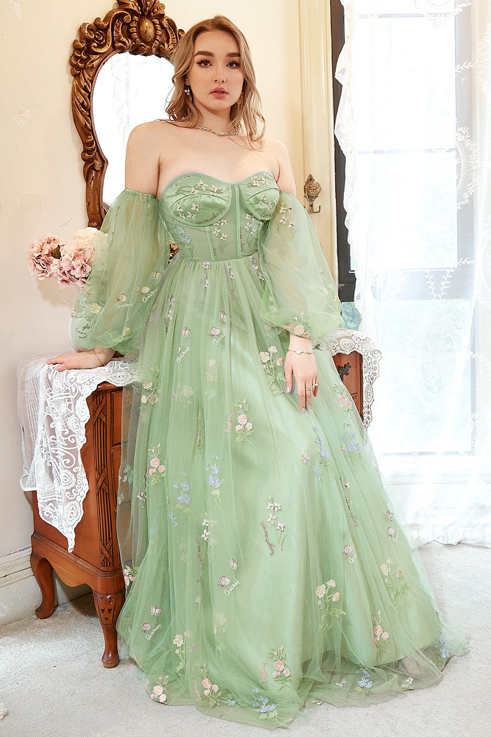 A Line Off the Shoulder Green Plus Size Prom Dress with Embroidery - Fashionpara